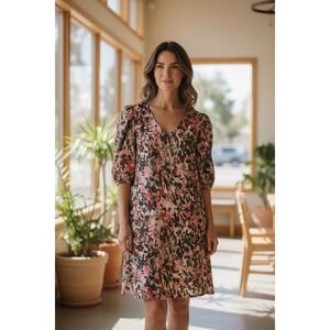 Michelle McDowell Honey Crisp Olive Linen Dress Women's Small V Neck Puff Sleeve